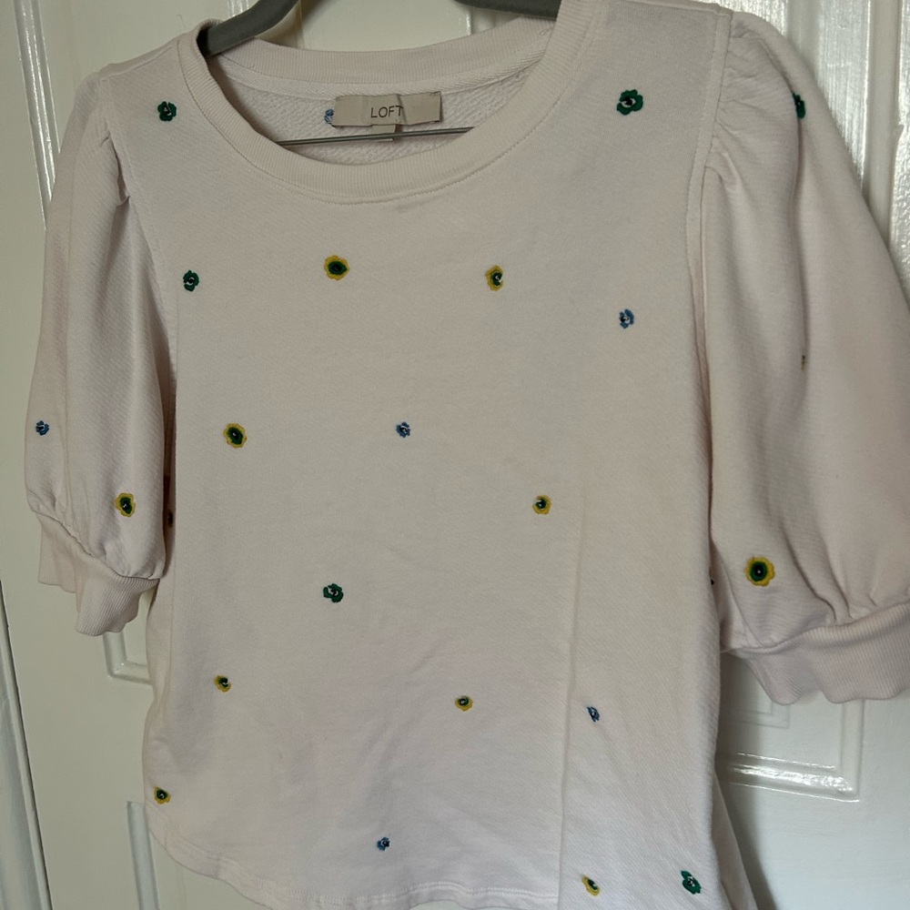 LOFT White Short Sleeve Top with Embroidered Accents